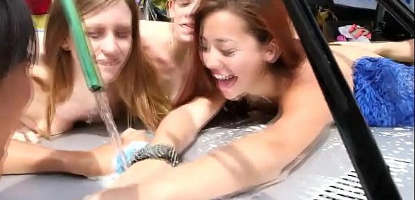  Alluring collage babes suck cock at carwash